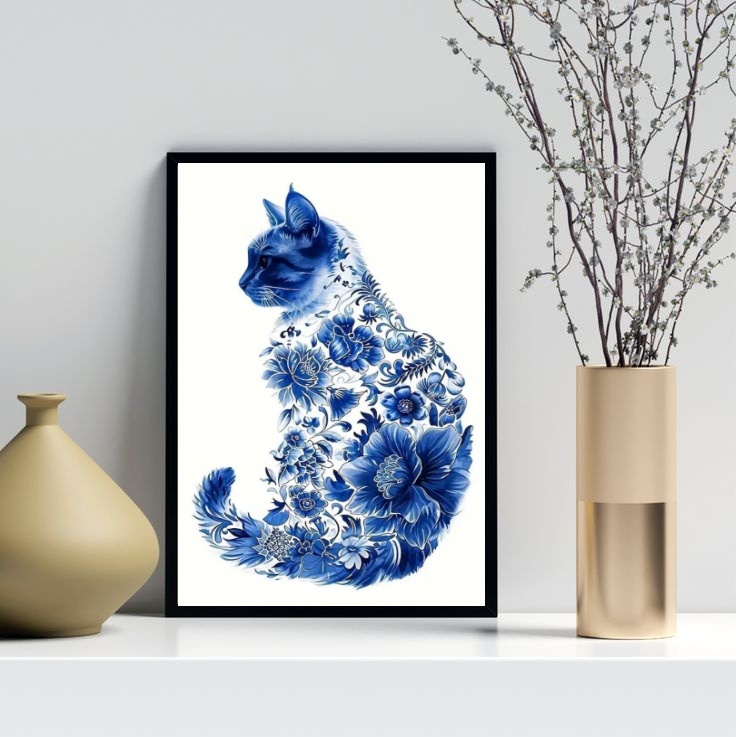 Quadro Arte Gato Floral Azul