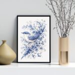 Quadro Arte Passarinho Floral Azul