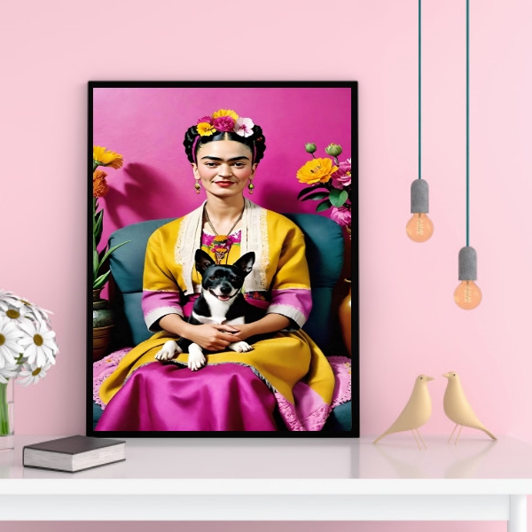 Quadro Decorativo Frida Com Cachorrinho