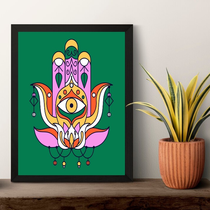 Quadro Esotérico Olho Grego Hamsa - Verde