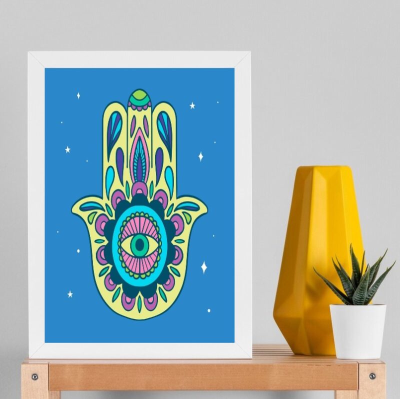 Quadro Esotérico Olho Grego e Hamsa - Azul B