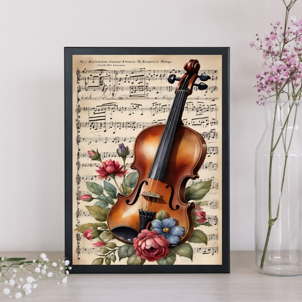 Quadro Vintage Violino Com Flores