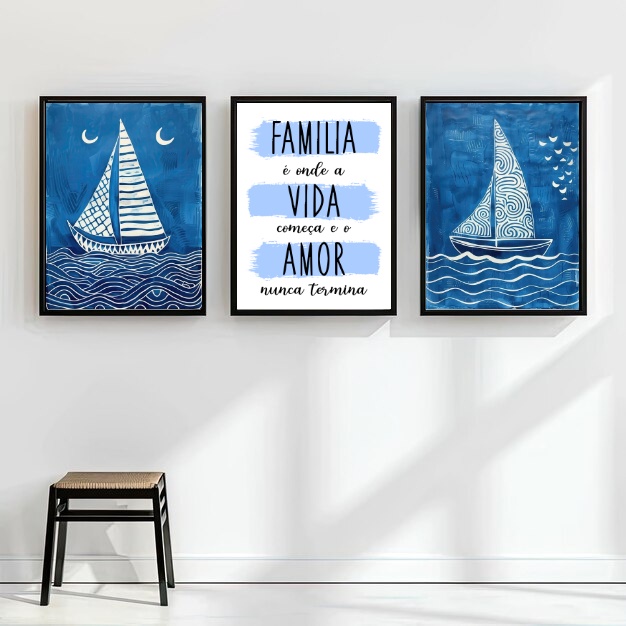 Kit 3 Quadros Arte Nautica Azul - Família