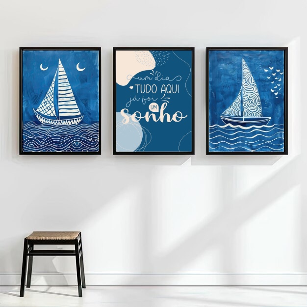 Kit 3 Quadros Arte Nautica Azul - Sonho