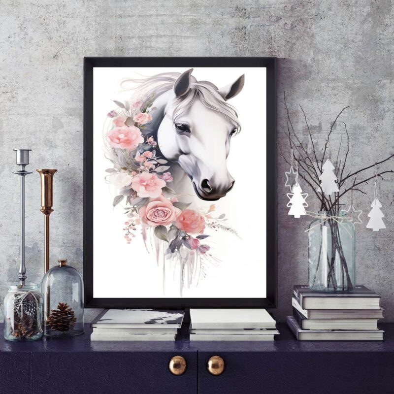 Quadro Cavalo Branco Com Flores