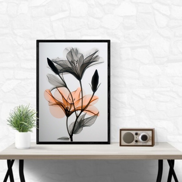 Quadro Moderno Flores Cinza e Laranja