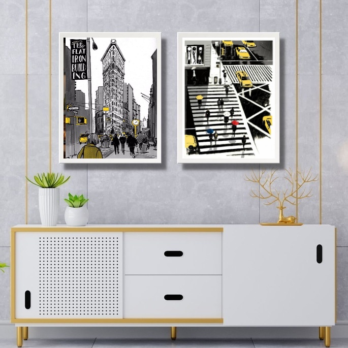 Kit 2 Quadros Figurativos New York - Preto Amarelo