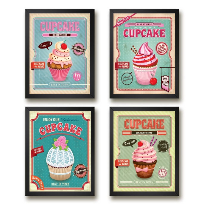 Kit 4 Quadros Para Cozinha - Cupcakes