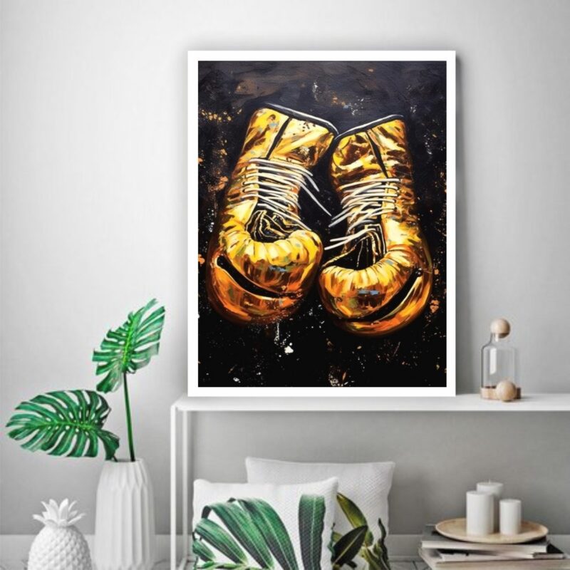 Quadro Decorativo Arte Luvas Boxe Dourada b