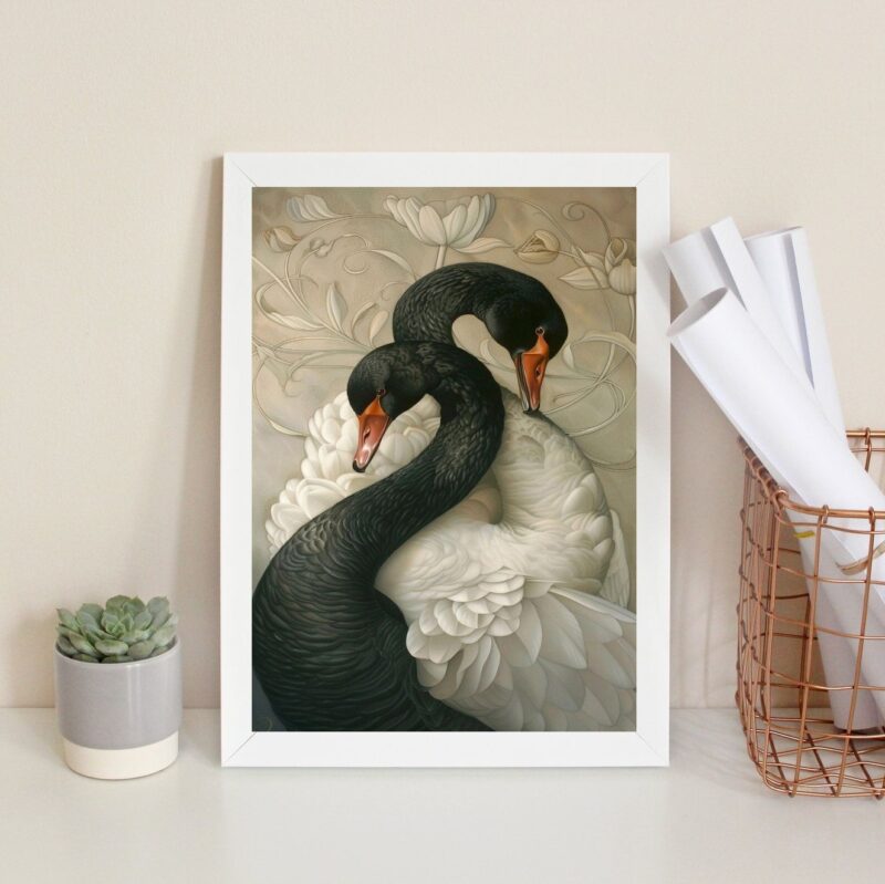 Quadro Decorativo Cisnes Branco e Negro