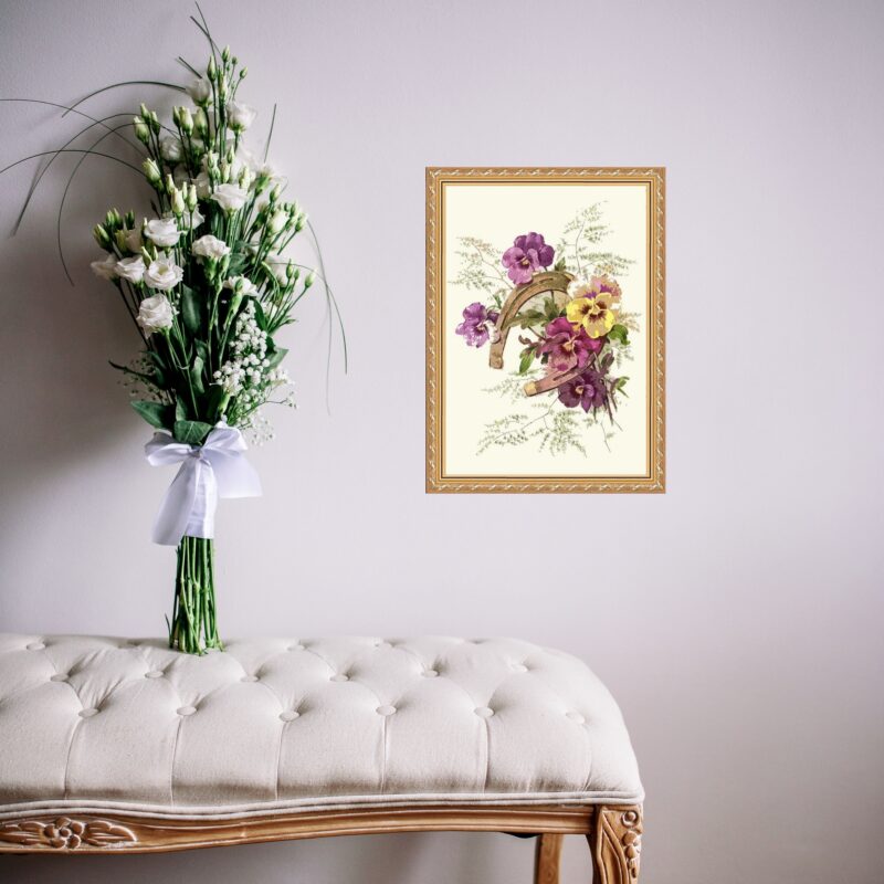 Quadro Moldura Dourada Ferradura Flores b