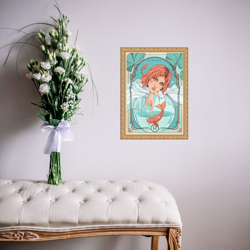 Quadro Moldura Dourada Signo Peixes b