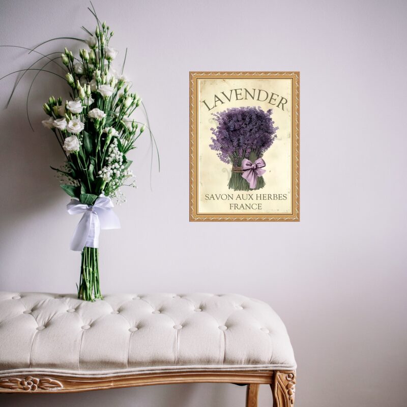 Quadro Moldura Dourada Buquê De Lavanda b