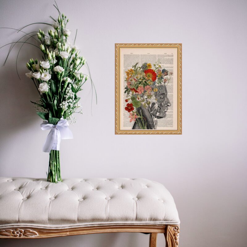 Quadro Moldura Dourada Cérebro Com Flores b