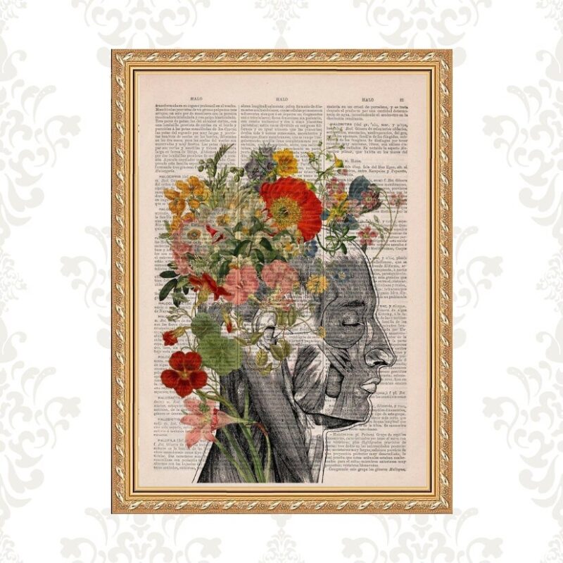 Quadro Moldura Dourada Cérebro Com Flores