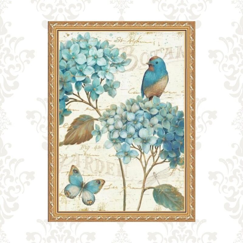 Quadro Moldura Dourada Passarinho Vintage Azul