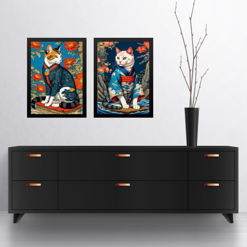 Kit 2 Quadros Arte Oriental - Gatos De Kimono b