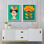 Kit 2 Quadros Decorativos Gravuras Frida e Flores