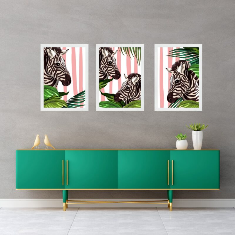 Kit 3 Quadros Zebras Listras Rosas b