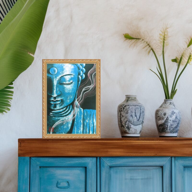 Quadro Moldura Dourada Buda Azul