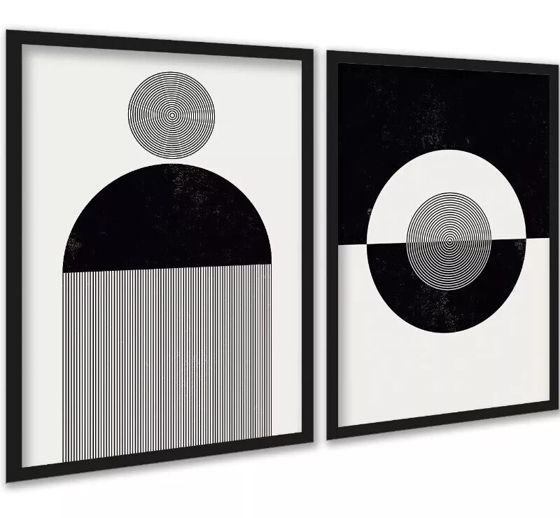 Kit 2 Quadros Abstratos Formas e Linhas Preto e Branco