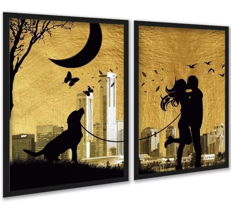 Kit 2 Quadros Arte Casal Com Cachorro