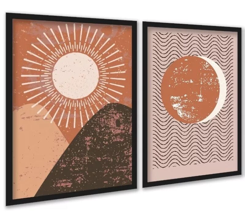Kit 2 Quadros Sol Lua VIntage Boho