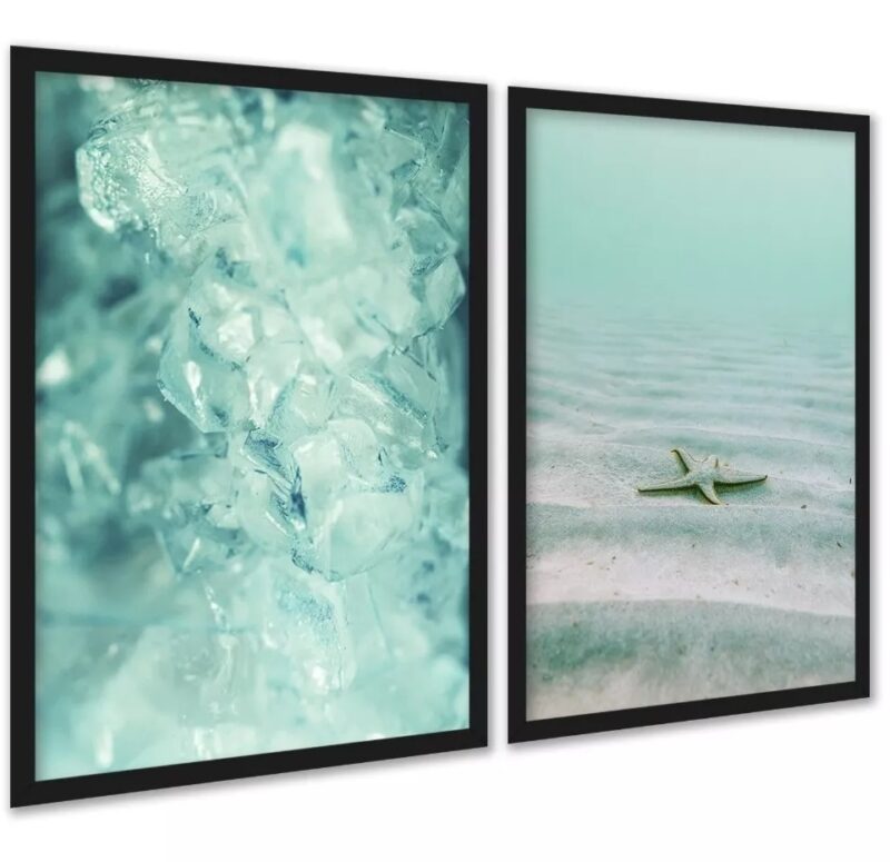 Kit 2 Quadros Verde Água Cristal Estrela Do Mar