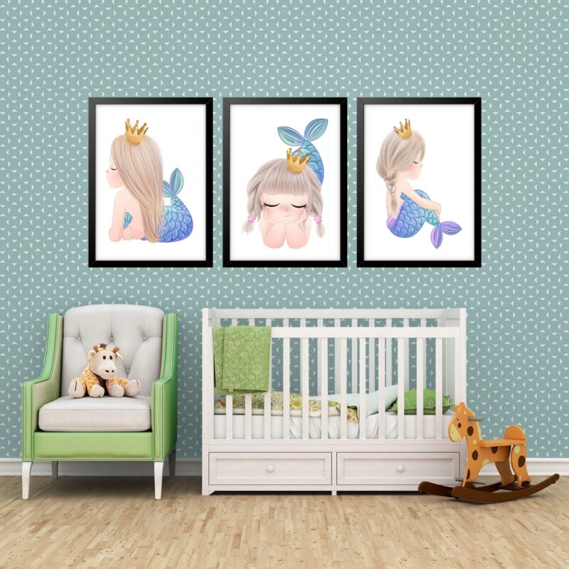 Kit 3 Quadros Grandes Quarto Infantil Sereinha 60x48cm